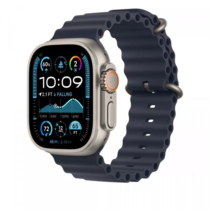 „Apple“ juostelė 49 mm, tamsiai mėlyna, „Ocean“ juostelės prailginimas, natūralaus titano apdaila
