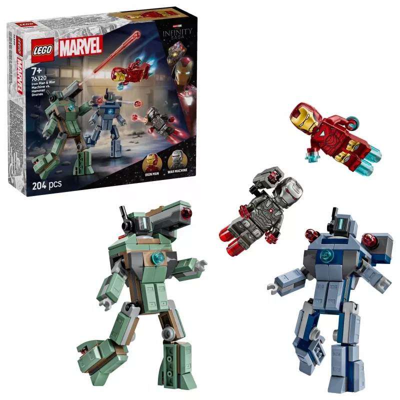 Konstravimo žaislas LEGO Marvel Super Heroes Geležinis žmogus ir War Machine rinkinys 76320, 204 dalys, 2 minifigūrėlės, 100 mm aukštis