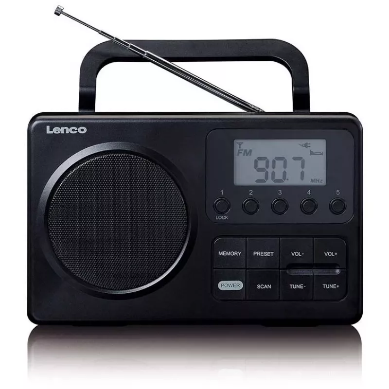 Nešiojamas radijas Lenco MPR-035BK — FM/AM, maitinimas iš tinklo ir baterijų, 2,5 colio LCD, 20 FM stočių atminties, 3,5 mm išvestis