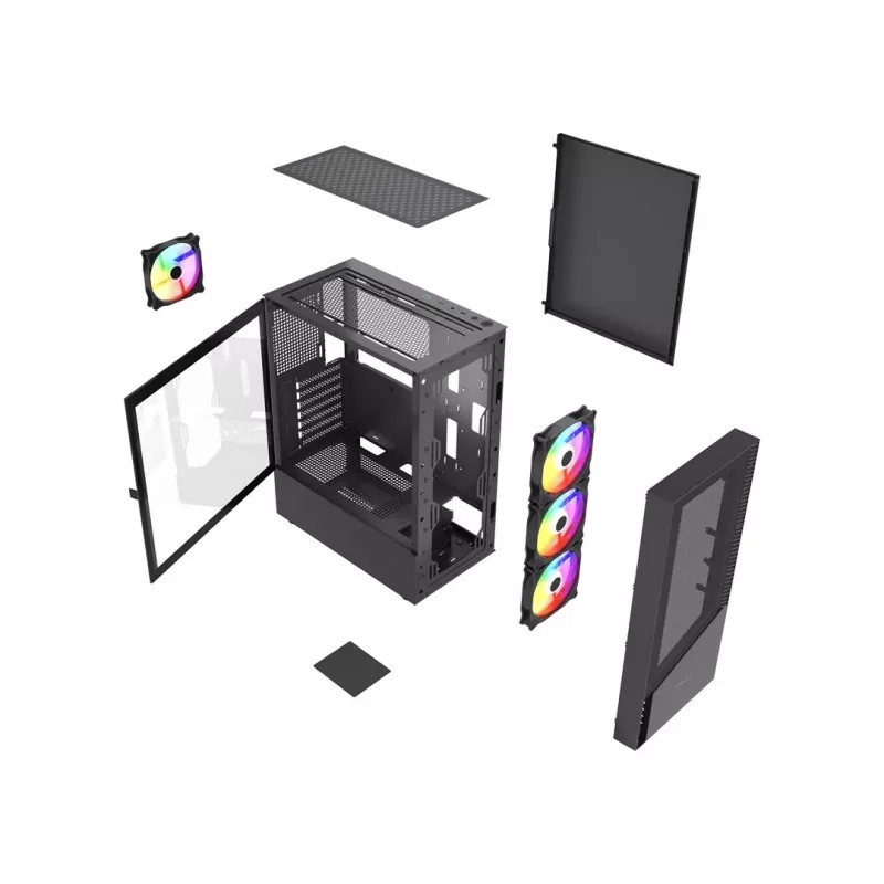 PC korpusas GEMBIRD Fornax 4300 Midi Tower ATX, grūdintas stiklas, 2x3,5 colio skyriai, 3x2,5 colio skyriai, ARGB ventiliatorių palaikymas, USB 3.2 Gen1