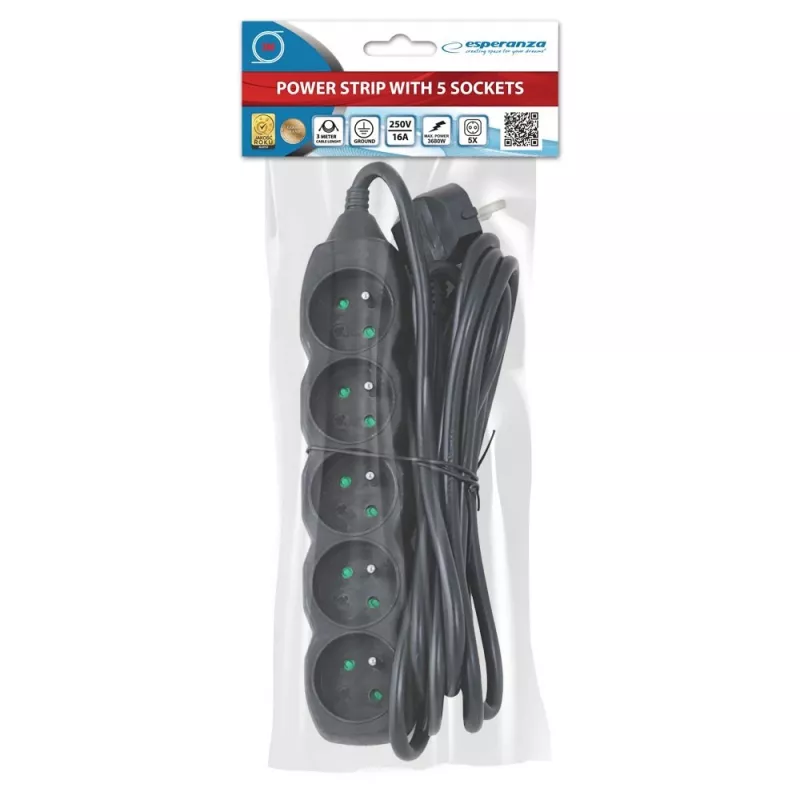 Maitinimo lizdas ESPERANZA ELK208K — 5 lizdai, 3 m laidas, juoda
