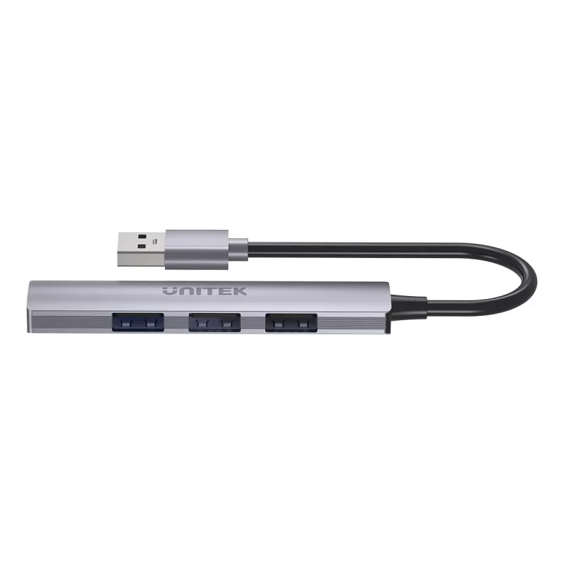 USB šakotuvas Unitek H1208A — 4 prievadai (1 × USB 3.2 Gen 1 Type-A, 3 × USB 2.0), aliuminio korpusas, pilka, 0,20 m laidas