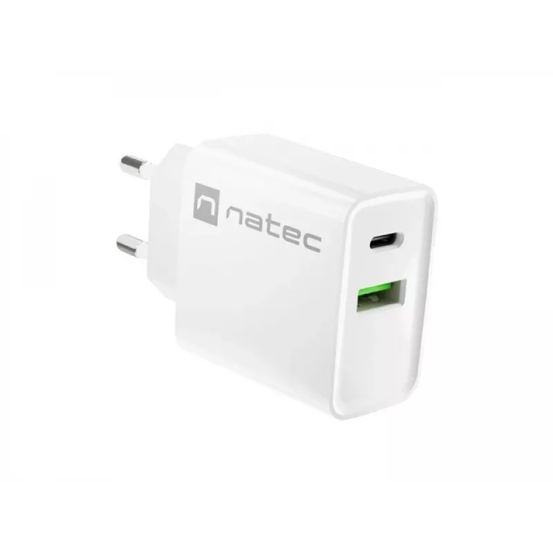 Vidinis AC greito įkrovimo įkroviklis NATEC RIBERA 12V 20W USB-C PD 3.0 + USB-A Samsung AFC baltas