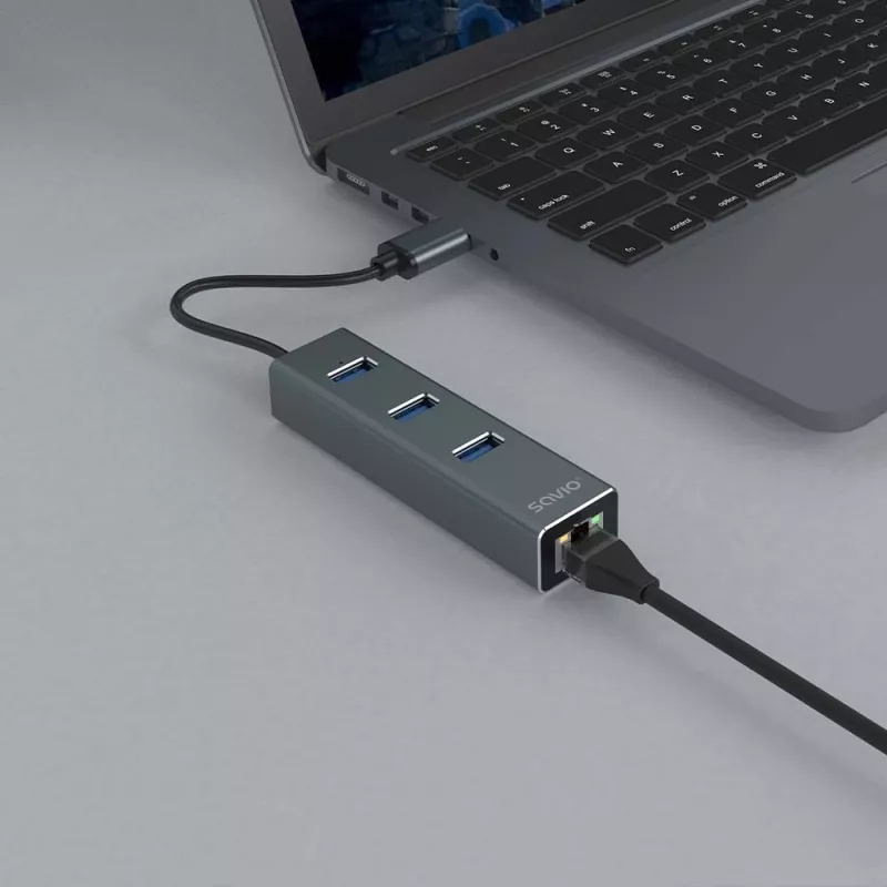 SAVIO USB-A šakotuvas su RJ-45 Gigabit Ethernet AK-57 — 3× USB-A + RJ-45, USB 3.2 Gen 1 Micro‑B prieglobos prievadas, 5 Gbit/s, 4 prievadai, pilkas