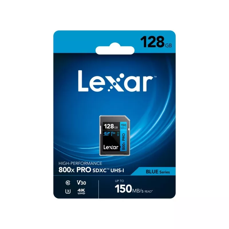 SDXC atminties kortelė Lexar 128GB UHS-I 800xPRO Class 10 U3 V30 — 150 MB/s skaitymo, 45 MB/s rašymo greitis, juoda