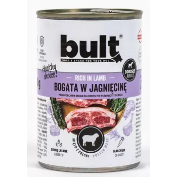 Šlapias šunų ėdalas BULT Turtingas aviena 800 g — visavertis konservas suaugusiems šunims, 12% baltymų, 7,5% riebalų, 75% drėgmės