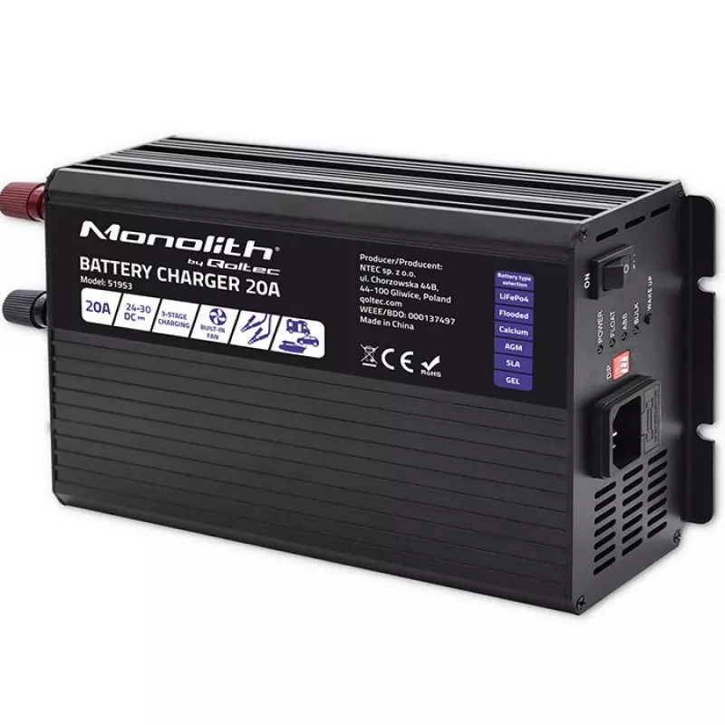 Qoltec Smart Monolith baterijų įkroviklis, skirtas LiFePO4 AGM GEL SLA akumuliatoriams | 20A | 24V