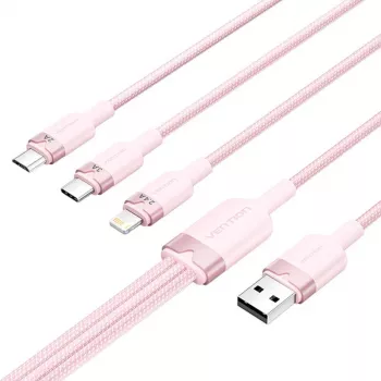 USB 2.0 A į 3-in-1 3A laidas Vention CTPPG 1.5M rožinis