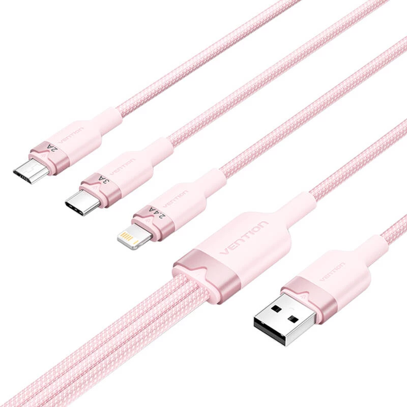 USB 2.0 A į 3-in-1 3A laidas Vention CTPPG 1.5M rožinis