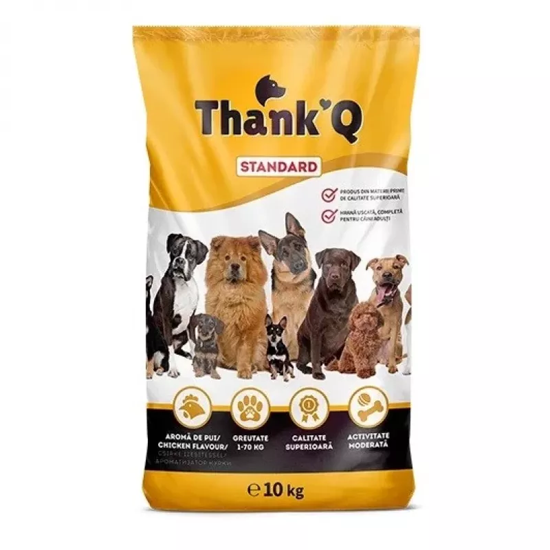 Sausas šunų ėdalas HURTOWNIA KARM THANK'Q Standard Chicken 10 kg — visavertis suaugusių šunų ėdalas, 18 % baltymų, 7 % riebalų