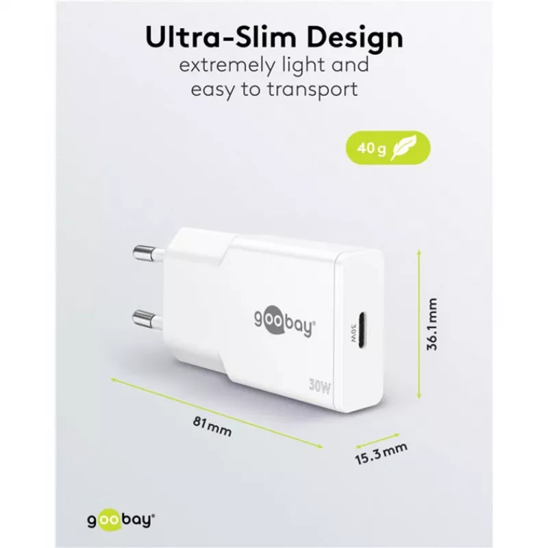 USB-C PD GaN greitas įkroviklis plonas (30 W) (balta)