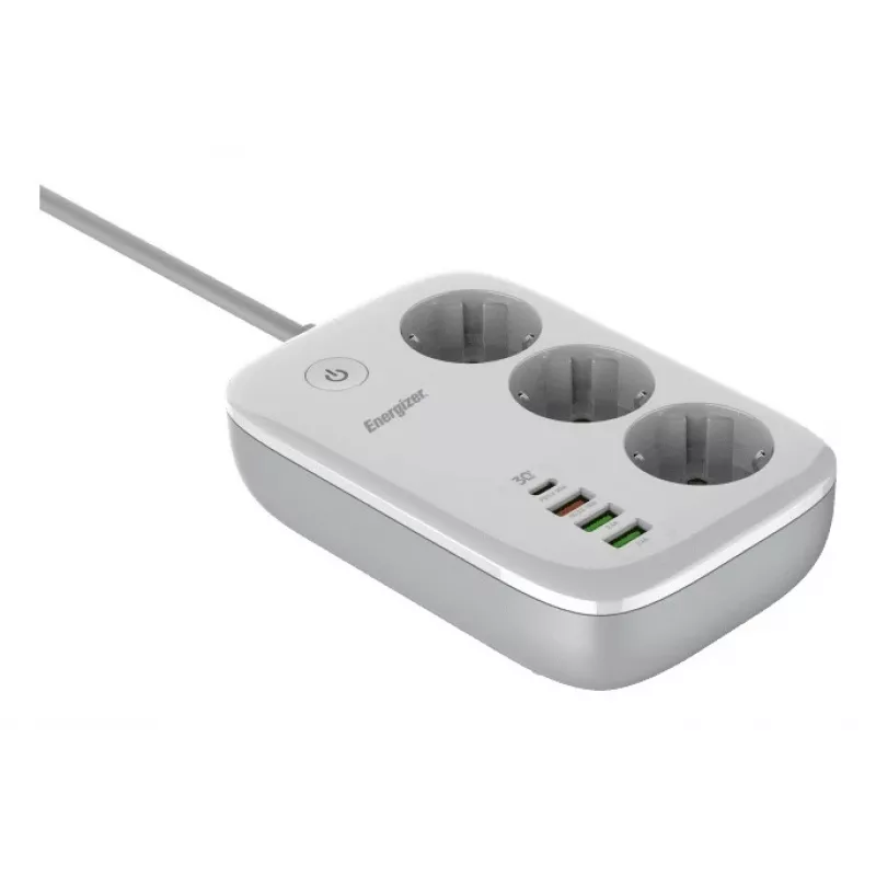Maitinimo ilgintuvas Energizer EPB2500W02EU — 3 kintamosios srovės lizdai, 2 m laidas, 2500 W, vidaus, baltas