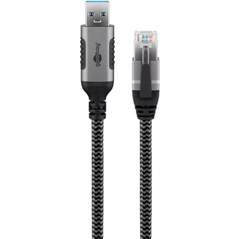 Ethernet kabelis USB-A 3.2 Gen1 kištukas > RJ-45 kištukas, LAN adapteris juoda/sidabrinė, 3 metrai, pintas tekstilinis apvalkalas