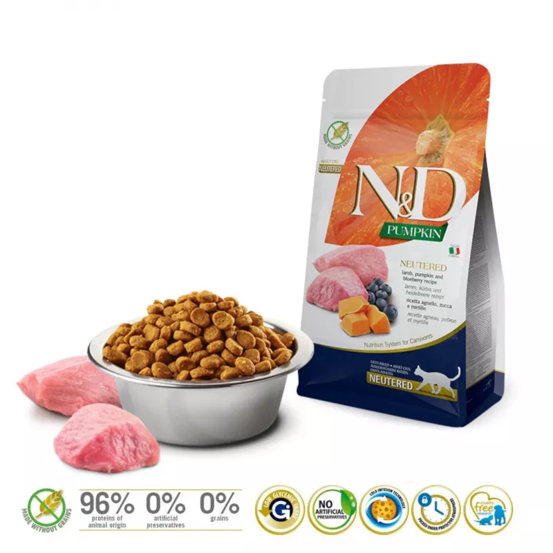Sausas kačių maistas - FARMINA N&D CAT PUMPKIN LAMB&BLUEBERRY ADULT 300g