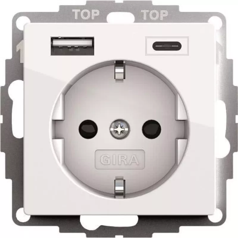 Gira SCHUKO USB maitinimo lizdas, 2 krypčių, švariai baltas, modelis 245903