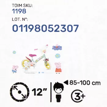 Vaikiškas dviratis Toimsa TOI1198 12 colių Peppa Pig dizaino, 12 colių putplasčio ratai, priekinis stabdys, treniruočių ratukai, krepšelis