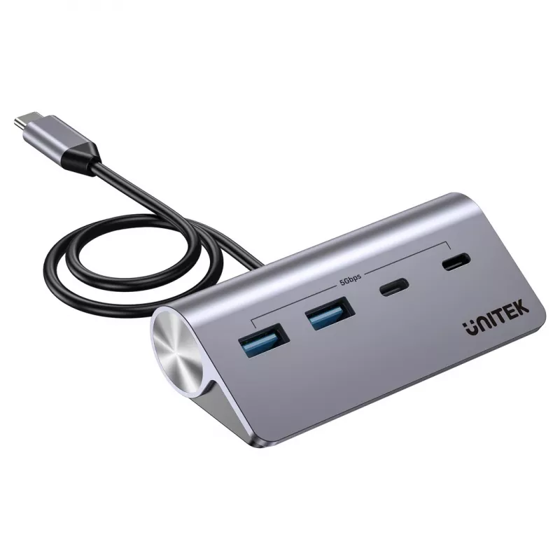 USB šakotuvas Unitek H1337AGY01 — 4 prievadų (2×USB-C, 2×USB-A), iki 5 Gbps vienam prievadui, aliuminis, sidabrinis