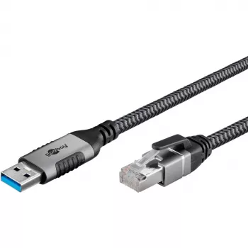 Ethernet kabelis USB-A 3.2 Gen1 kištukas > RJ-45 kištukas, LAN adapteris juoda/sidabrinė, 3 metrai, pintas tekstilinis apvalkalas