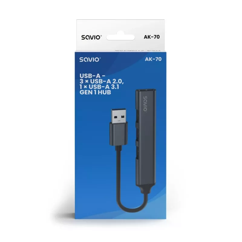 USB šakotuvas SAVIO AK-70, 7 prievadų USB 3.0, 4 naudojami prievadai, USB Type-A pagrindinis, 5 Gbit/s perdavimas, garantija 2 metai