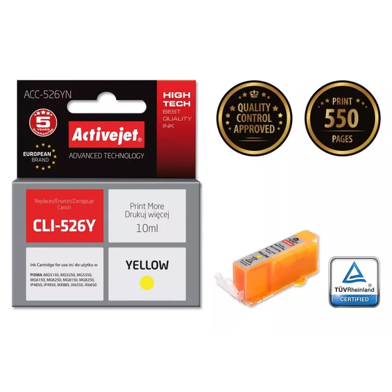 Activejet ACC-526YN rašalo kasetė (pakaitalas Canon CLI-526Y; Supreme; 10 ml; geltona)