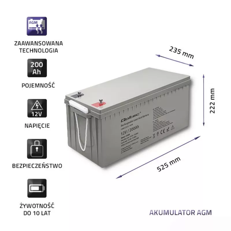 Įkraunama AGM baterija QOLTEC 53069 12V 200Ah atsarginiam maitinimui ir UPS sistemoms