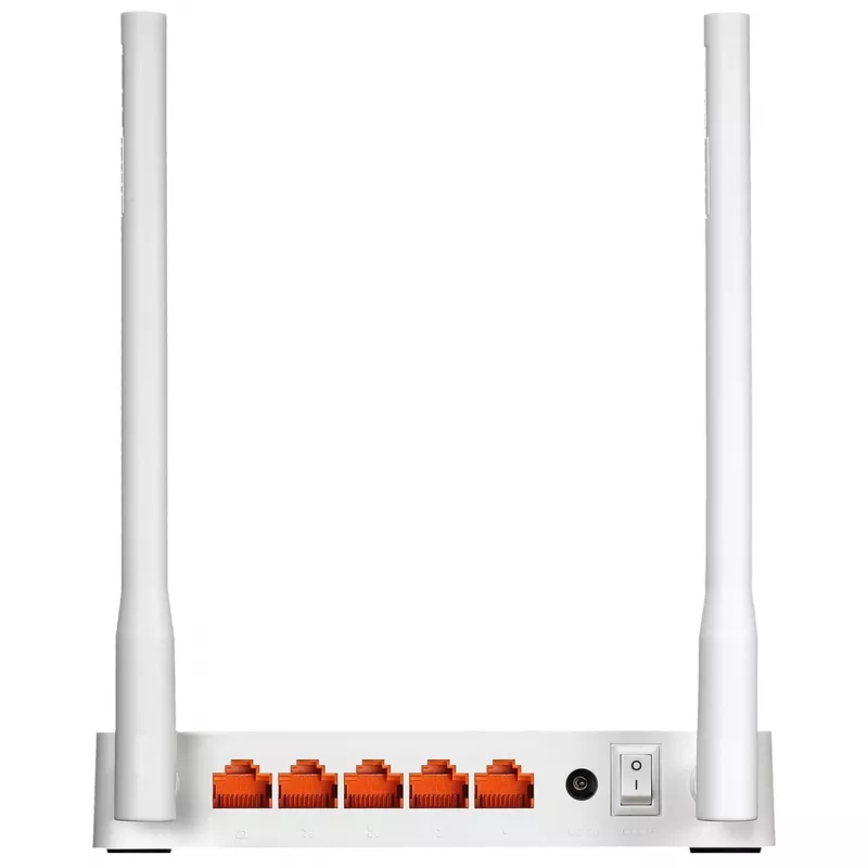 Stalinis maršrutizatorius TOTOLINK N300RT — vienos juostos 2,4 GHz Wi‑Fi 4, 300 Mbps, 5x RJ-45 Fast Ethernet prievadai, 2 išorinės 5 dBi antenos