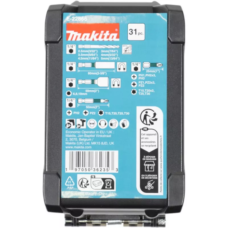 Grąžtų rinkinys Makita E-22866 — 31 vnt., įvairių dydžių medžiui, metalui, mūrui