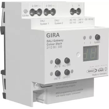gira DALI Gateway Colour 2f REG KNX Secure – ant DIN bėgelio montuojamas tinklų sietuvas DALI apšvietimo valdymui (modelis 211200)