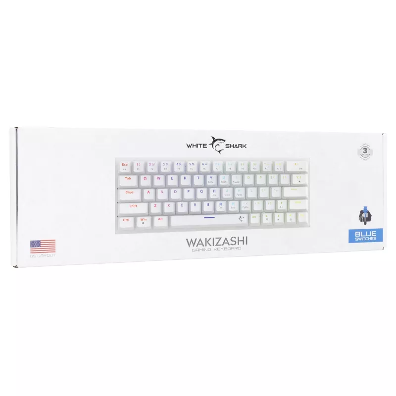 Mechaninė žaidimų klaviatūra White Shark Wakizashi WAKIZASHI-2-US-W-BLUE — US išdėstymas, mėlyni jungikliai