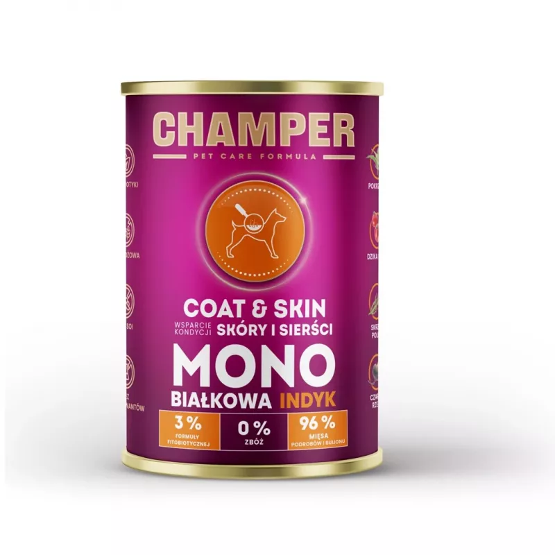 CHAMPER Coat & Skin Monoprotein Turkey - šlapias šunų ėdalas - 400g