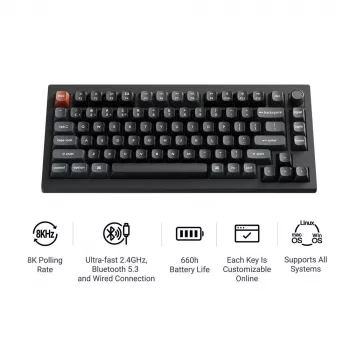 Mechaninė 75 % klaviatūra Keychron V1 Ultra 8K — QWERTY, Bluetooth ir laidinis ryšys, RGB, juoda