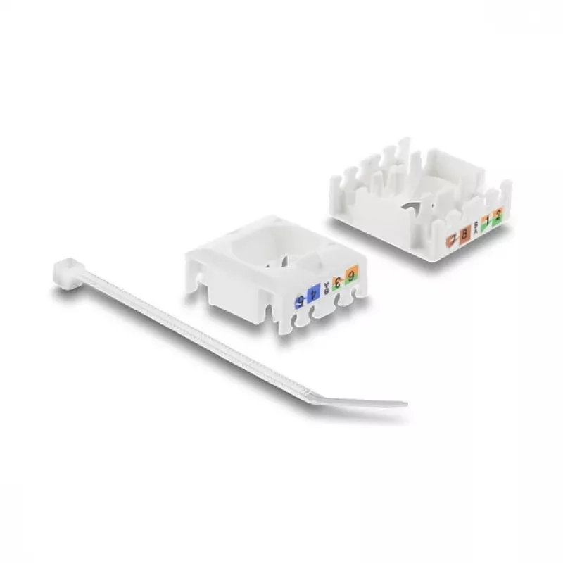 Keystone modulis DELOCK RJ45 į LSA Cat.6 UTP, montavimas be įrankių, su dulkių gaubteliu, plokščias, 16×31,8×19,4 mm, balta/juoda