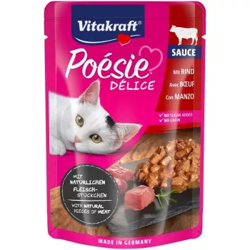 Šlapias kačių maistas Vitakraft Poésie Delice — jautiena, 85 g pakelis, suaugusioms katėms, 84 % drėgmės, 8 % baltymų