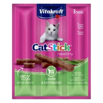Šlapi kačių skanėstai Vitakraft CatStick Mini su vištiena ir žole, 3 vnt. — 18 g, mėsingas vištienos skonis, 28% drėgmės