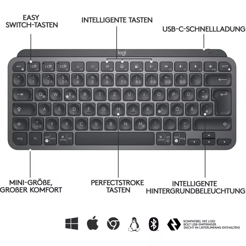 Logitech MX Keys Mini - klaviatūra - apšviečiama - Bluetooth - QWERTZ - šveicariška - grafito (920-010485)
