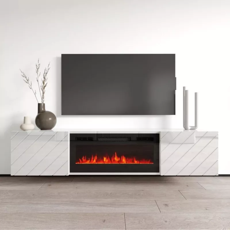 TV spintelė cama meble LUXE 1826×345×375 mm balta blizgi su įmontuotu juodu elektriniu židiniu (1400–1600 W)