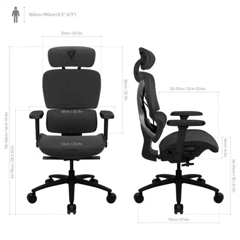 Biuro kėdė Thunder X3 XTC Ergonomic Loft Dark G — aukšta nugara, reguliuojamos porankiai