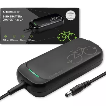 Qoltec greitasis įkroviklis 36V elektriniam paspirtukui / dviračiui | 42V | 2A | 5,5*2,5 | vandeniui atsparus + maitinimo laidas