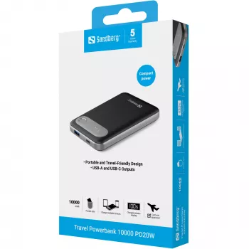 „Sandberg Travel Powerbank 10000 PD20W“ išorinė baterija, 10000 mAh, ličio polimerų