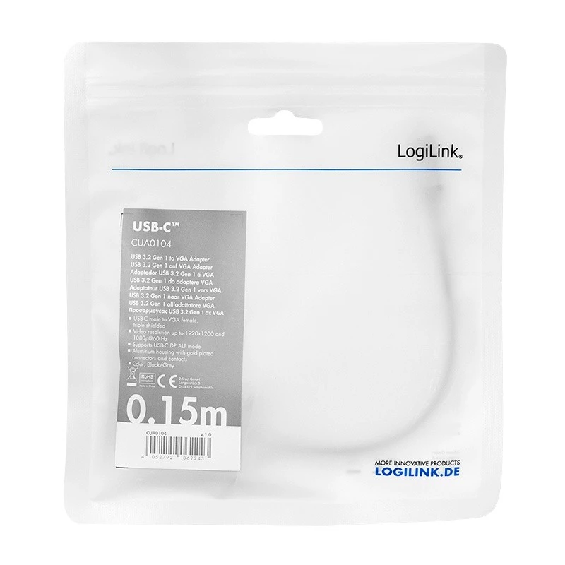 USB Type-C į VGA (D-Sub) vaizdo adapterio kabelis LOGILINK CUA0104 0,15 m, pilka / juoda