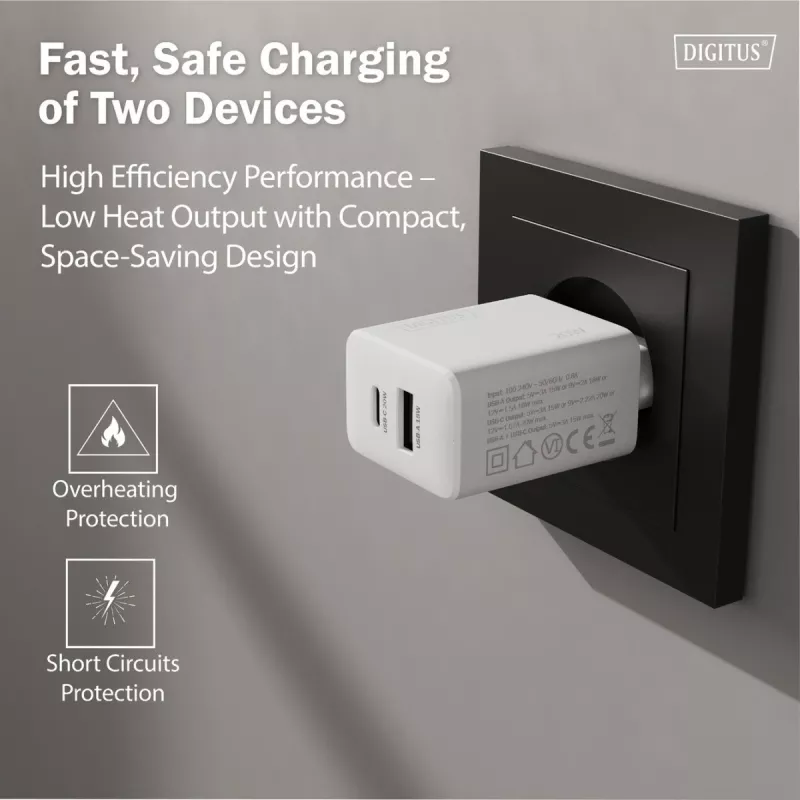 Kintamosios srovės USB įkroviklis DIGITUS 20 W, 1x USB-C, 1x USB-A, įvestis 100–240 V, baltas