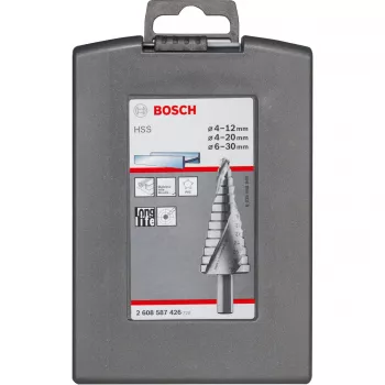 Žingsninis grąžtų rinkinys Bosch HSS su 3 plokščiašone jungtimi, skirtas aliuminiui ir plastikui