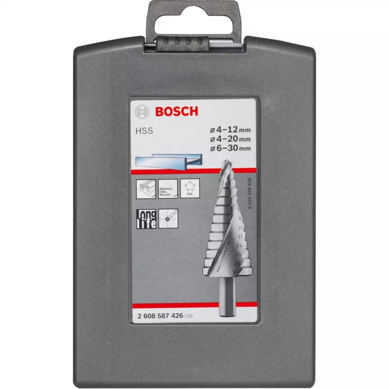 Žingsninis grąžtų rinkinys Bosch HSS su 3 plokščiašone jungtimi, skirtas aliuminiui ir plastikui