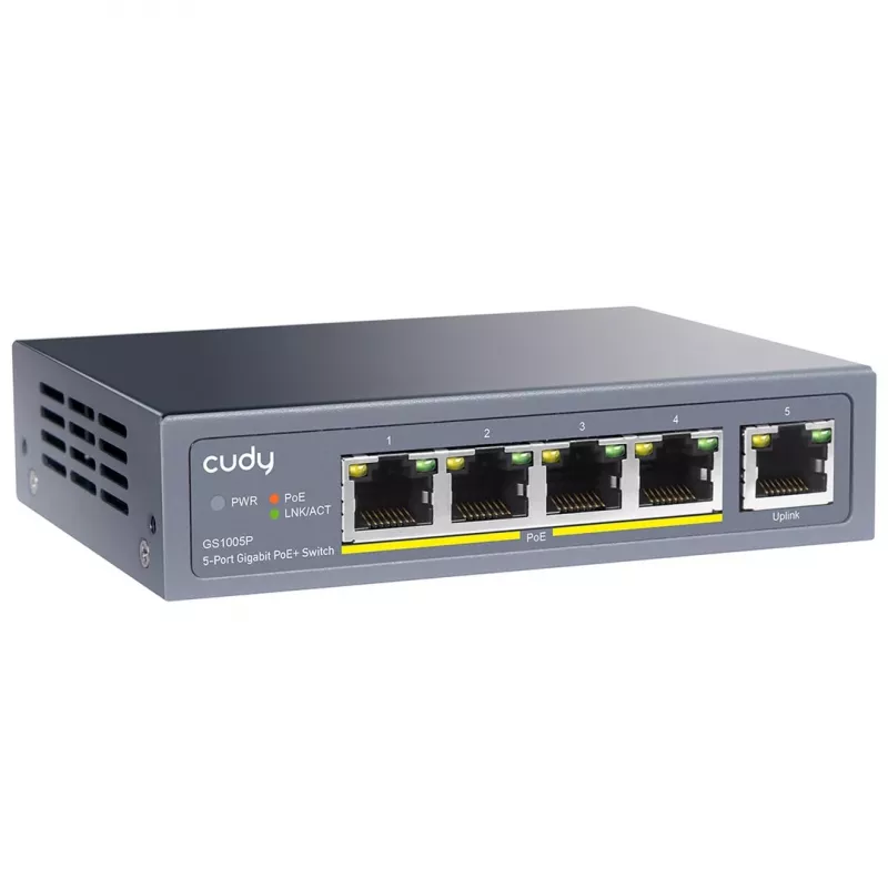 Tinklo komutatorius Cudy GS1005P — 5 prievadų Gigabit Ethernet su 4 PoE prievadais, 60W bendra galia, metalinis korpusas, montuojamas į stovą
