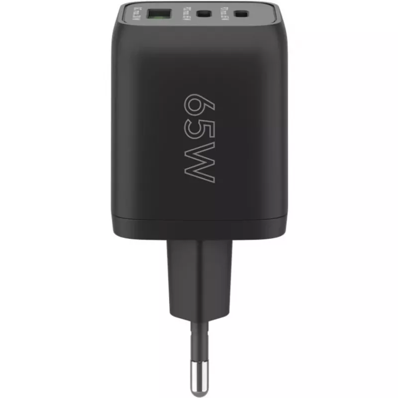USB-C greitasis įkroviklis Nano, PD, GaN, 65 W, USB-C pintas laidas (juodas, 1x USB-A, 2x USB-C PD, greitasis įkrovimas 3.0, 1 metro laidas)