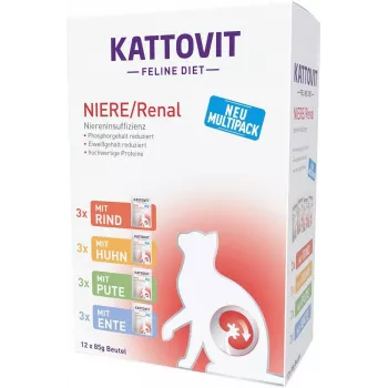 Šlapias kačių maistas KATTOVIT Niere/Renal 85 g paketėlis — 12 x 85 g, paukštiena (jautiena, vištiena, antis, kalakutiena) suaugusioms katėms, turinčioms inkstų nepakankamumą