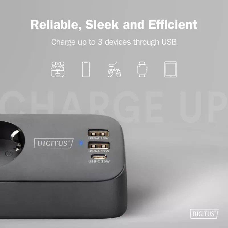 Maitinimo šakotuvas DIGITUS 3 lizdų su 2×USB-A ir 1×USB-C, 3 kintamosios srovės lizdai Tipas E/F, 1,5 m laidas, juodas