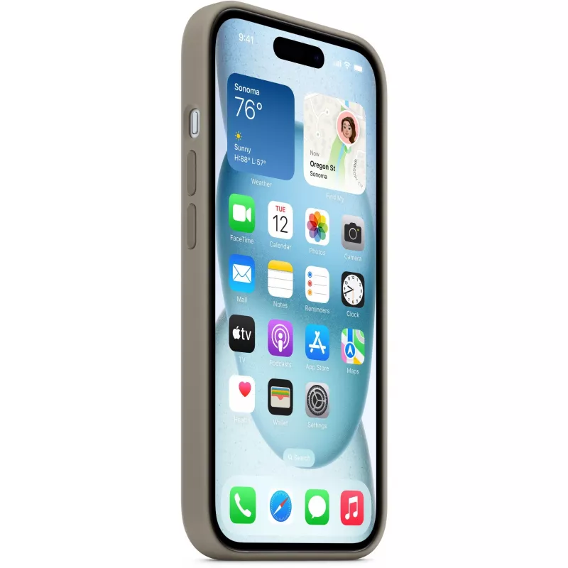 Silikoninis dėklas su „MagSafe“, skirtas „iPhone 15“ – molio spalvos