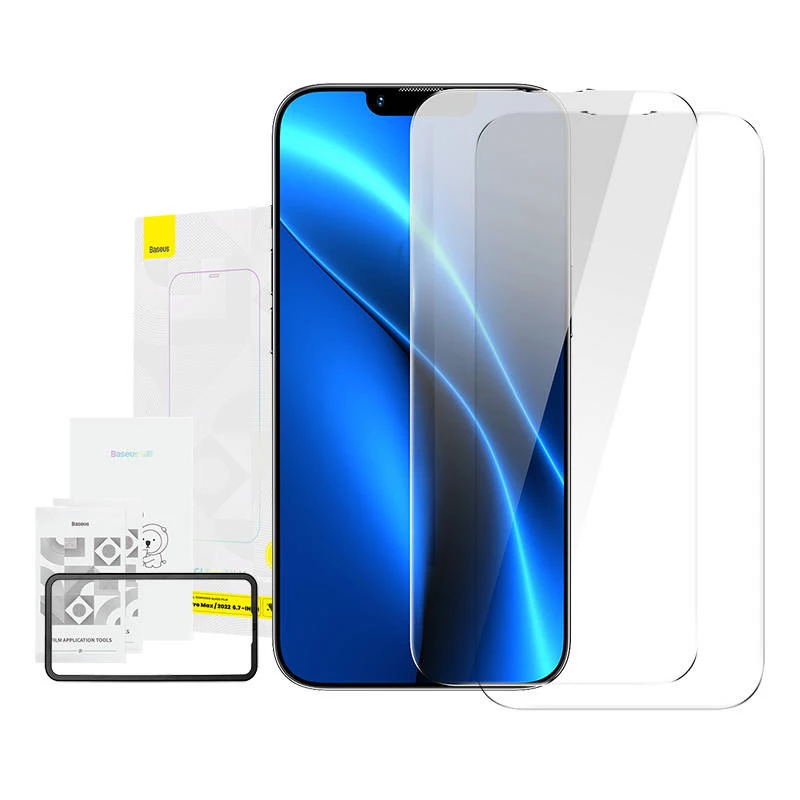 Grūdinto stiklo ekrano apsauga Baseus Crystal 0,3 mm, skirta iPhone 14 Plus / 13 Pro Max (2 vnt.)