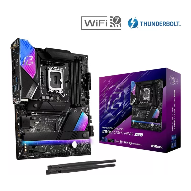 Pagrindinė plokštė ASRock Z890 Lightning WiFi — Intel Z890, LGA1851, ATX, 4× DDR5, Wi‑Fi 7, 2,5 Gb LAN, Thunderbolt 4